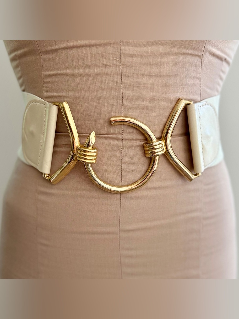 Boston Proper 80s statement belt Gold-Accented Cream Wide Waist Belt 31.5" x 3"
